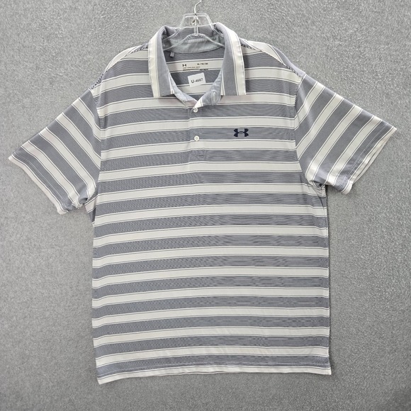Under Armour Men Polo Shirt XL White Striped Logo Embroidered Loose Fit - Picture 1 of 8